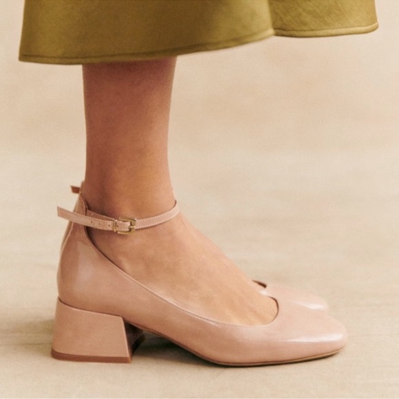 Sezane Nude Patent Leather Block Heel Melanie Mary Jane’s Shoes 38/ 7 - Picture 1 of 12